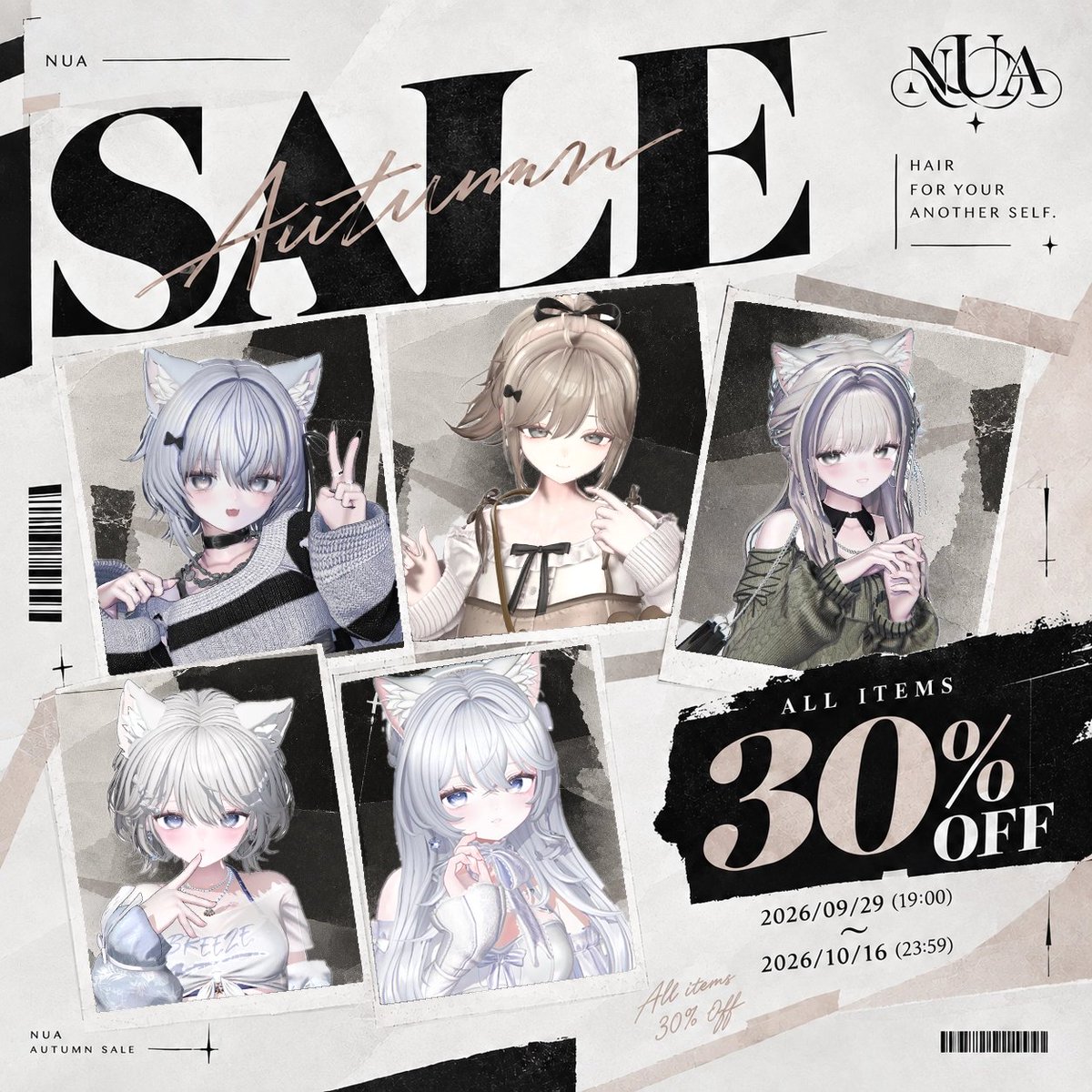 nua_booth's tweet photo. 🎁NUA 秋のSpecial SALE🍂 & RPキャンペーン🎁

髪型をひとつ変えるだけで、
アバターの印象はまるごと変わります🍂🤍

いつもNUAをご愛顧いただく皆さまへ感謝を込めて、
明日より全商品を対象とした
【秋を迎えるSpecial SALE🍂】を開催いたします🎉

さらに今回は、RPキャンペーンも同時開催✨

🎀 参加方法
NUAをフォローして、このポストをリポスト

🎀 プレゼント内容
抽選で【5名様】に、NUAのラインナップから
「お好きな髪型（1点）」をプレゼント！🎁

🎀 当選発表
10月1日(木)予定

🍂 秋を迎える全商品 Special SALE 🍂
2026/09/29 (19:00) ～ 2026/10/16 (23:59)
�� 期間中、全商品 30%OFF ✨

ふんわりと軽やかなレイヤードショートから、
やわらかく流れるロング、
リボンを添えたポニーテールまで。
コーデを決める前に、まず選びたくなる髪型が揃っています。

この秋のあなたをつくる一つを、
ぜひこの機会に見つけてください🤍

ショップはこちら👇
🔗 https://t.co/HnNtc5Sj8V
-