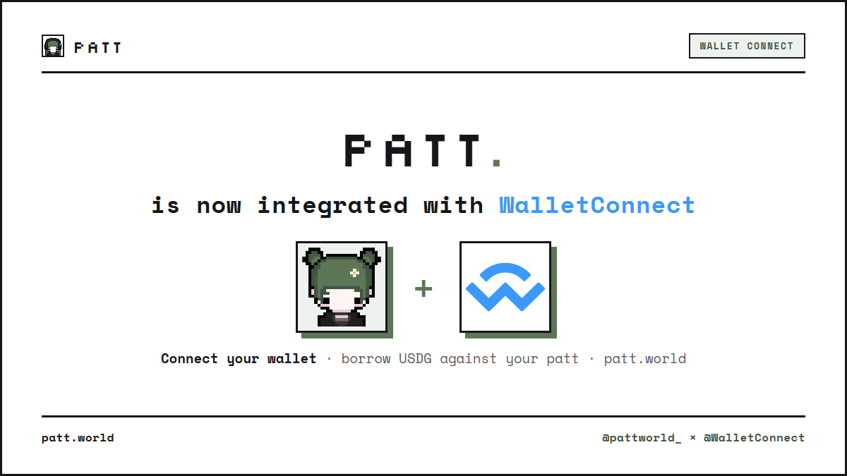 pattworld_'s tweet photo. patt is now integrated with WalletConnect.

Connect your wallet and borrow USDG against your patt, without selling it.

@pattworld_ × @WalletConnect https://t.co/IcRxqwIUtC