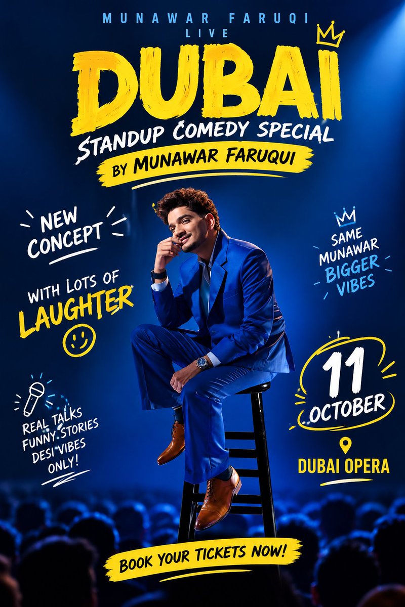 Aneqa14's tweet photo. Munawar Faruqui is bringing a brand-new stand-up experience to Dubai Opera! 🎤

A fresh concept, desi stories, real talks &amp; a whole lot of laughter — all in one unforgettable night. 😂🔥

📅 11 October
🎟️ Tickets → Link in Munawar Faruqui’s Instagram bio
#MunawarFaruqui https://t.co/vrPnRaDYbO