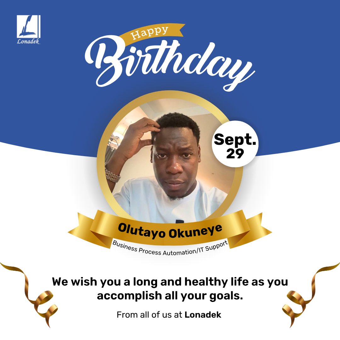 LonadekInc's tweet photo. Join us in celebrating our Business Process Automation/IT Support professional, Olutayo Okuneye, as he marks his birthday today!🎉🎂

We’re glad to have you as part of the @LonadekInc family.

Happy Birthday from all of us at Lonadek! 🎂🎊

#Lonadek #LonadekTeam #Birthday https://t.co/Zb8JkANyfT