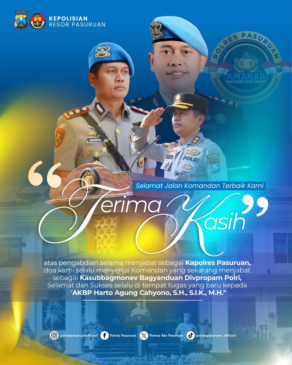 humaspandaan's tweet photo. "TERIMA KASIH"
atas pengabdian selama menjabat sebagai Kapolres Pasuruan, doa kami selalu menyertai Komandan yang sekarang menjabat sebagai Kasubbagmonev Bagyanduan Divpropam Polri, Selamat dan Sukses selalu di tempat tugas yang baru kepada "AKBP Harto Agung https://t.co/jS6f147N3q