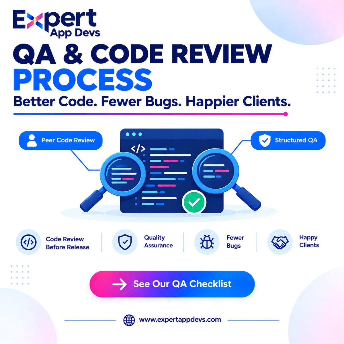 ExpertAppDevs's tweet photo. Code review should happen before the client sees the #software.

Expert App Devs uses peer #codereview and structured #QA to check:
🔍 Code quality
🧪 Testing
📋 Requirements
✅ Release readiness

A second review can help catch issues before delivery.

📧 sales@expertappdevs.com https://t.co/t4V2Y18BxQ