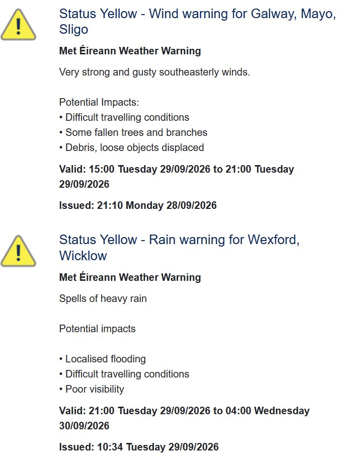MetEireann's tweet photo. ❗️Check the Wind &amp; Rain warnings update⬇️

ℹ️https://t.co/lvQFgW8DsS
ℹ️https://t.co/BgwnlFeX1D https://t.co/YT1zLJot6Q