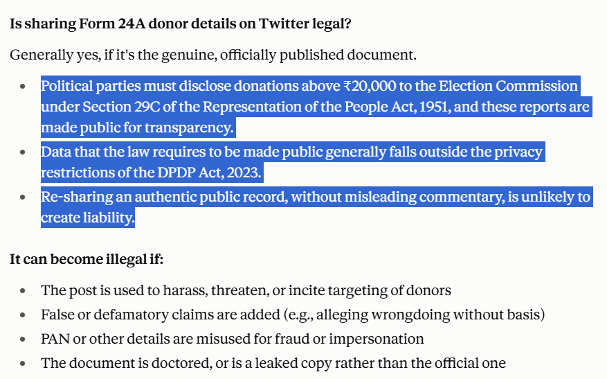Janta_exe's tweet photo. @AshutoshRanka Form 24A is a public record filed under Section 29C of the RP Act, 1951, so sharing the genuine, officially published document is generally legal. If you have a problem with it, go to court and sue whoever leaked it, not those sharing the public record. https://t.co/FBEWAo3sbk