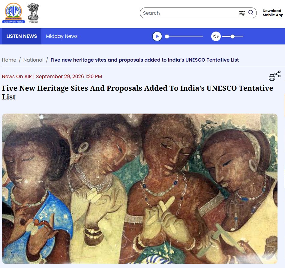 PIBCulture's tweet photo. 🇮🇳 India’s UNESCO Tentative List now has 78 sites, with 5 additions: Bagh Cave Paintings, Group of Temples of the Chambal Valley, Udaigiri Caves, Ginnorgarh, and the 🇮🇳-🇿🇦 serial transnational proposal, Sites of Satyagraha. 

A proud milestone for India’s rich heritage! 🌏🏛️ https://t.co/Oj7aPbHCkh
