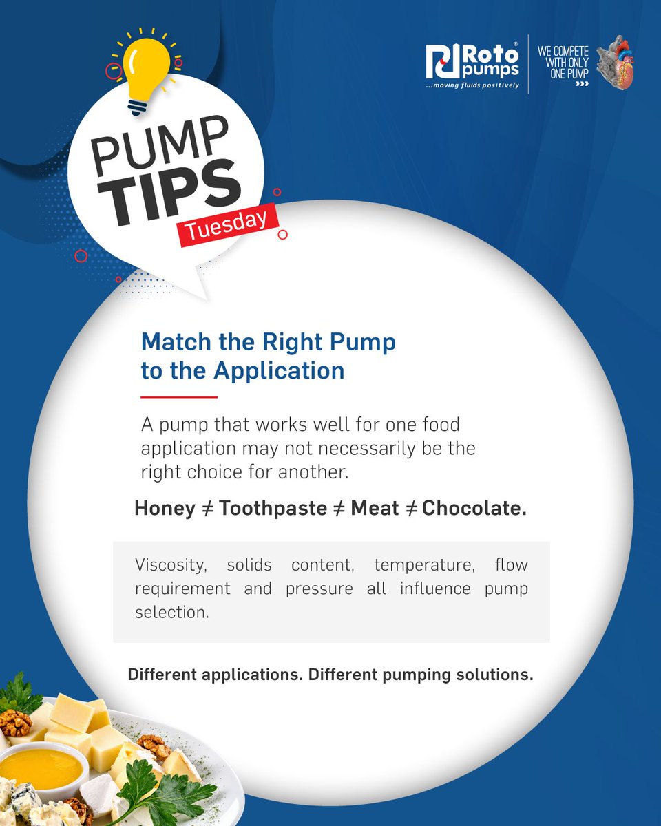 Rotopump's tweet photo. There is no One-Size-Fits-For-All approach to #foodpumping. Choosing a pump based on the fluid/media alone isn’t enough; the process conditions matter too. Get these right, and you get gentle product handling, consistent output &amp; a longer pump life. https://t.co/FnncwbEzv8 https://t.co/LdEO3278rX