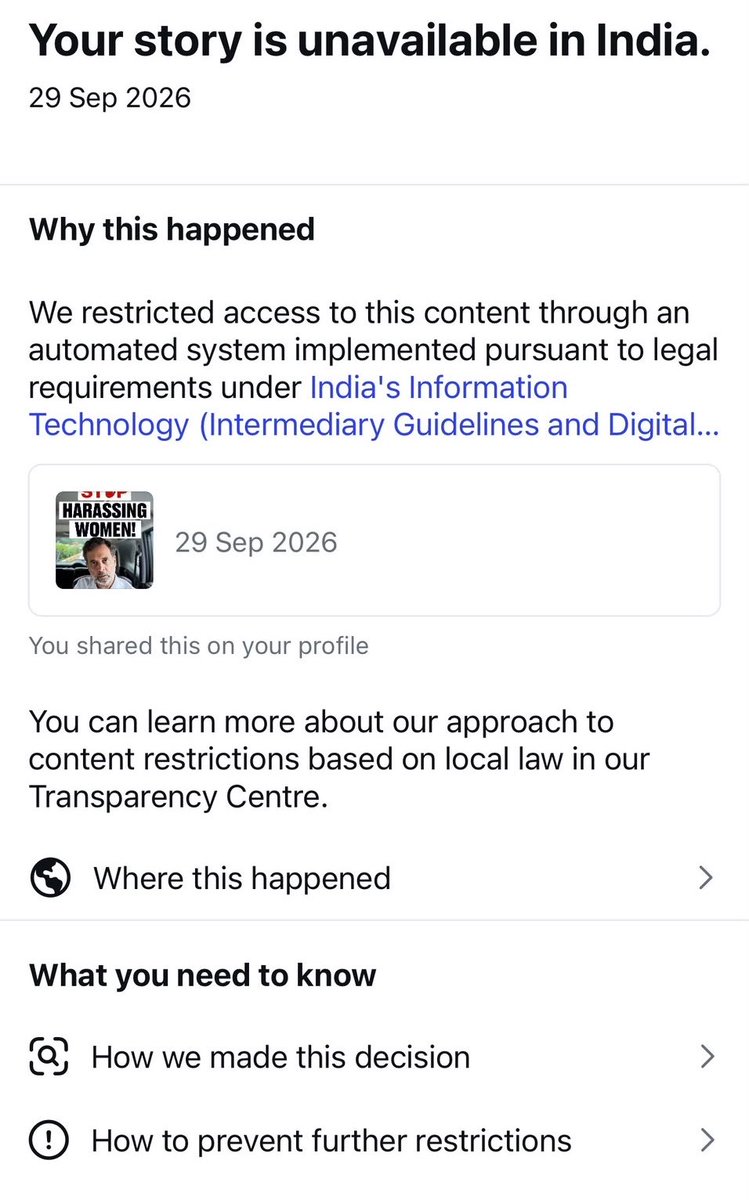 Mehboobp1's tweet photo. Modi government is so scared they are back to restricting social media posts and stories.

They are not even letting the Leader of Opposition Rahul Gandhi ji share his opinion with India on a matter of national importance.

That in 2026 we have to resort to closing public spaces after sunset for women is a big shame!
