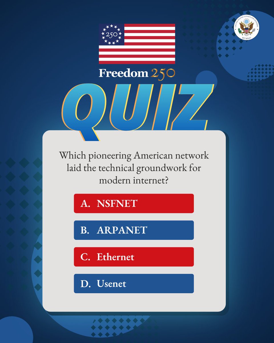USAndMumbai's tweet photo. As we celebrate Freedom 250 and honor the legacy of American innovation as a driving force behind technological progress and economic prosperity, test your knowledge of key milestones that shaped the nation and the world. 🇺🇸

Share your answer in the comments below ⬇️. https://t.co/ft1TfutbqV