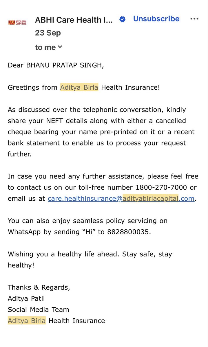 BPS1802's tweet photo. @abhealthin First you said cancellation request was raised, then said I’m eligible for refund after investigation, asked for my bank details, &amp; now you're pushing me to ABHFL? Absolute joke of customer service. Refund my money ASAP. Uploading all email screenshots now. @AdityaBirlaGrp https://t.co/cdGwbRexQ6