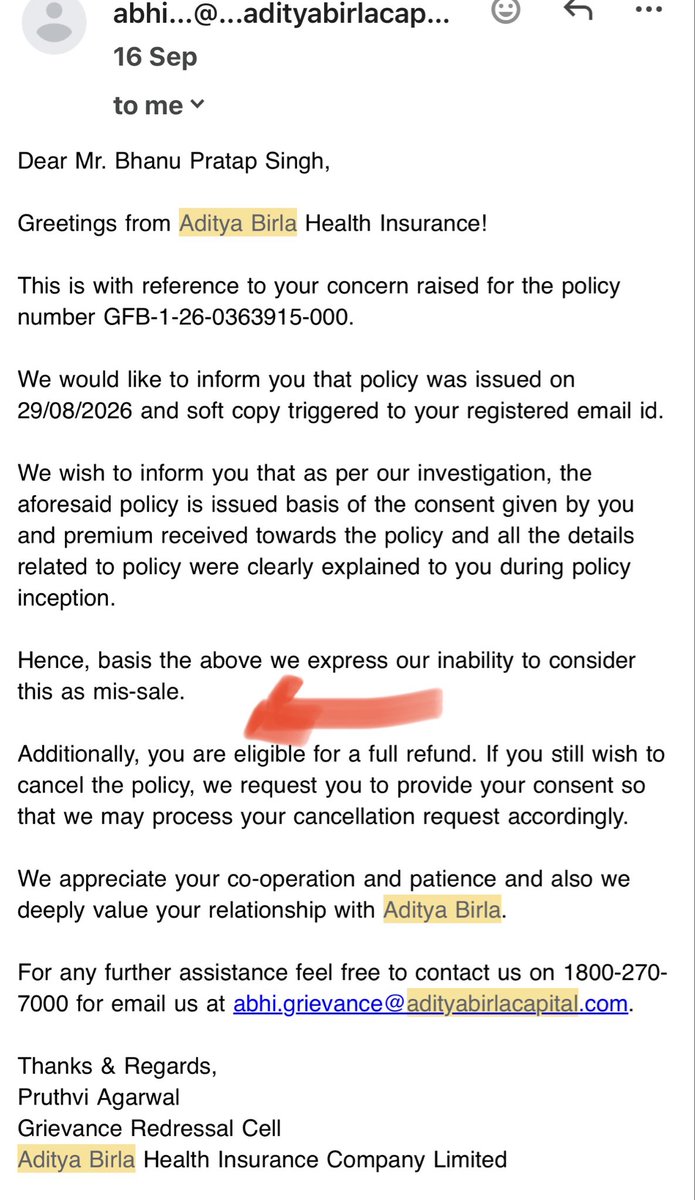 BPS1802's tweet photo. @abhealthin First you said cancellation request was raised, then said I’m eligible for refund after investigation, asked for my bank details, &amp; now you're pushing me to ABHFL? Absolute joke of customer service. Refund my money ASAP. Uploading all email screenshots now. @AdityaBirlaGrp https://t.co/cdGwbRexQ6