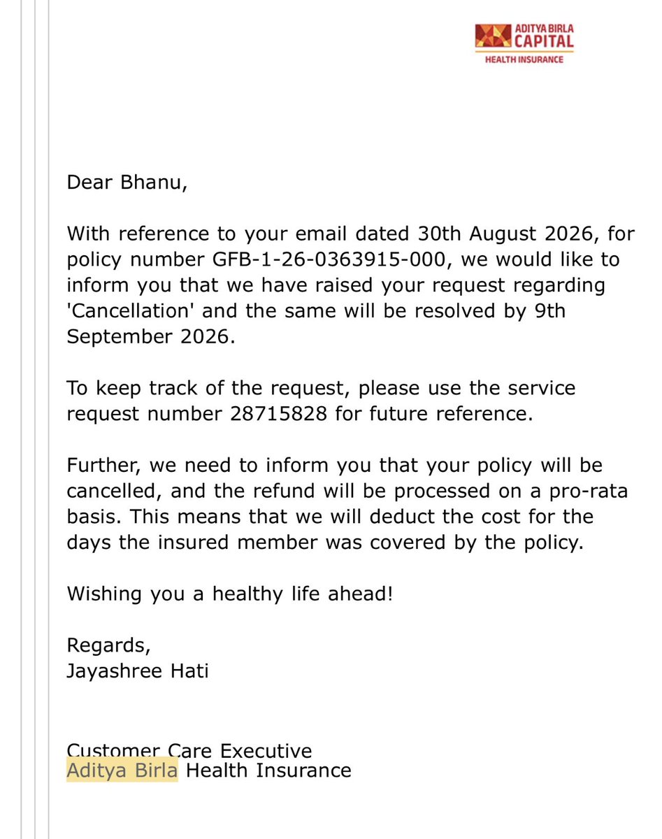 BPS1802's tweet photo. @abhealthin First you said cancellation request was raised, then said I’m eligible for refund after investigation, asked for my bank details, &amp; now you're pushing me to ABHFL? Absolute joke of customer service. Refund my money ASAP. Uploading all email screenshots now. @AdityaBirlaGrp https://t.co/cdGwbRexQ6