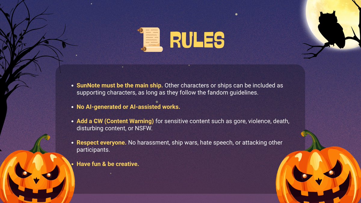 soIarhythm's tweet photo. ๐ Ready to create something spooky? ๐ป
Before you dive in, make sure to check out the rules and how to participate in SunNote Spooktober!
Read carefully, and get your creativity ready! ๐ฏ๏ธ
See you in October ~๐
#SunNoteSpooktober #SunNote #3rdTanggaNada https://t.co/LJo0vx5pQ3