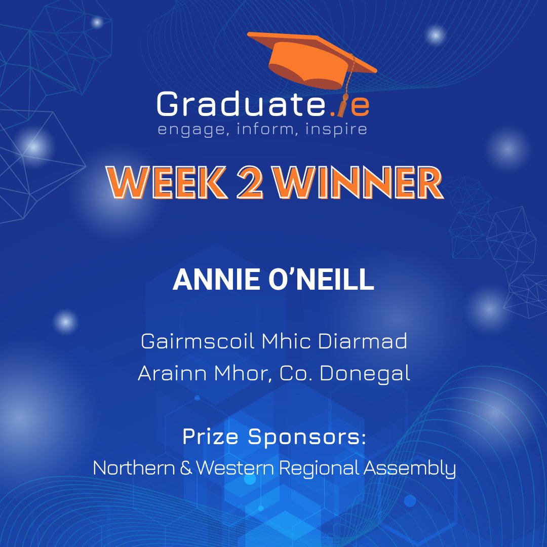 graduate_ie's tweet photo. Congratulations to our week 2 winner: 
Annie O’Neill - Gairmscoil Mhic Diarmada, Arranmore

Prize Sponsored By:  
@NWAssembly 
https://t.co/A0opu77RpK https://t.co/GFtVTPwVIK
