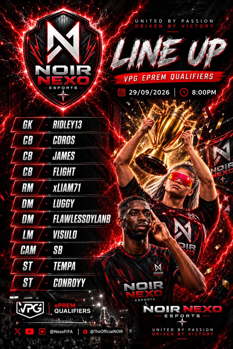 NexoFIFA's tweet photo. 🚨 TEAM NEWS 🚨 

Team unchanged from last night after our win in the first @VPGPremier Qualifier, let’s do the same tonight.

https://t.co/36O9BmN2M7 - live at 8PM 

@VPGEurope @VPGUK @OfficialVPG @TheOfficialNOIR https://t.co/kzzBdJZrjq