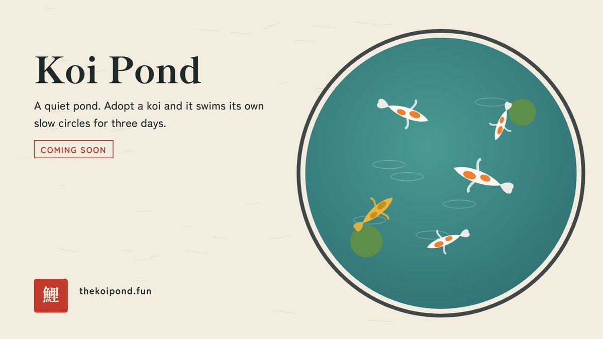 KoiOnPONS's tweet photo. The pond is still.

Adopt a koi and it swims its own slow circles for three days.

https://t.co/ABZfPidnwT 🎏 https://t.co/9ax5Nrn2Xl