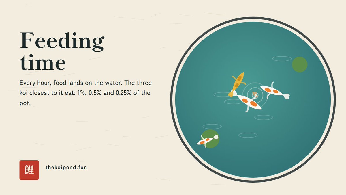 KoiOnPONS's tweet photo. Every hour, the keeper scatters food.

The three koi nearest are the ones who eat.

1%, 0.5% and 0.25% of the pot. https://t.co/zgW4hhQ9XA