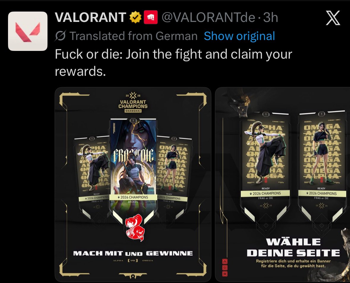 RoxanneFoxVT's tweet photo. Uhhhh @VALORANT care to explain why I can only ‘Fuck or die?!?! https://t.co/S1y5xSY87n