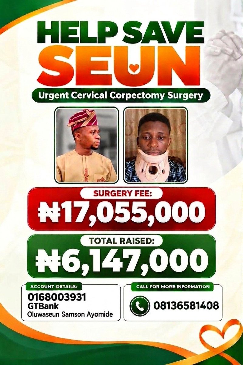 TheBoyAnalyst's tweet photo. We’ve raised ₦6.147M! ❤️🙏

Thank you to everyone who has donated, prayed &amp; shared. Your support keeps me hopeful.

₦10.9M more is needed for my spinal surgery. Please help me reach the finish line.

GTBank: 0168003931
Oluwaseun Samson Ayomide

#SaveSeunSamson https://t.co/z3lPS8yklR