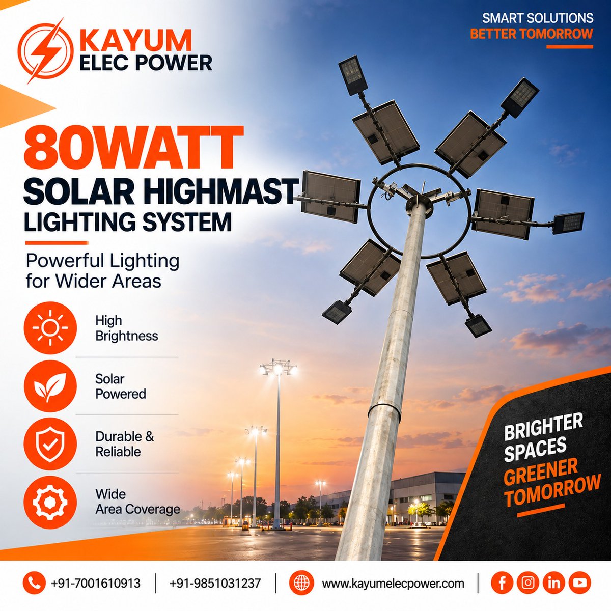 KayumPower's tweet photo. Let the Sun Power the Night.

80W Solar Highmast Lighting delivers bright, wide-area illumination with solar-powered, durable &amp; reliable performance.

📞 +91-7001610913 | +91-9851031237
🌐 https://t.co/Wm4dq1bAkV

#SolarLighting #SolarEnergy #HighmastLighting https://t.co/VYUx1PYaIS
