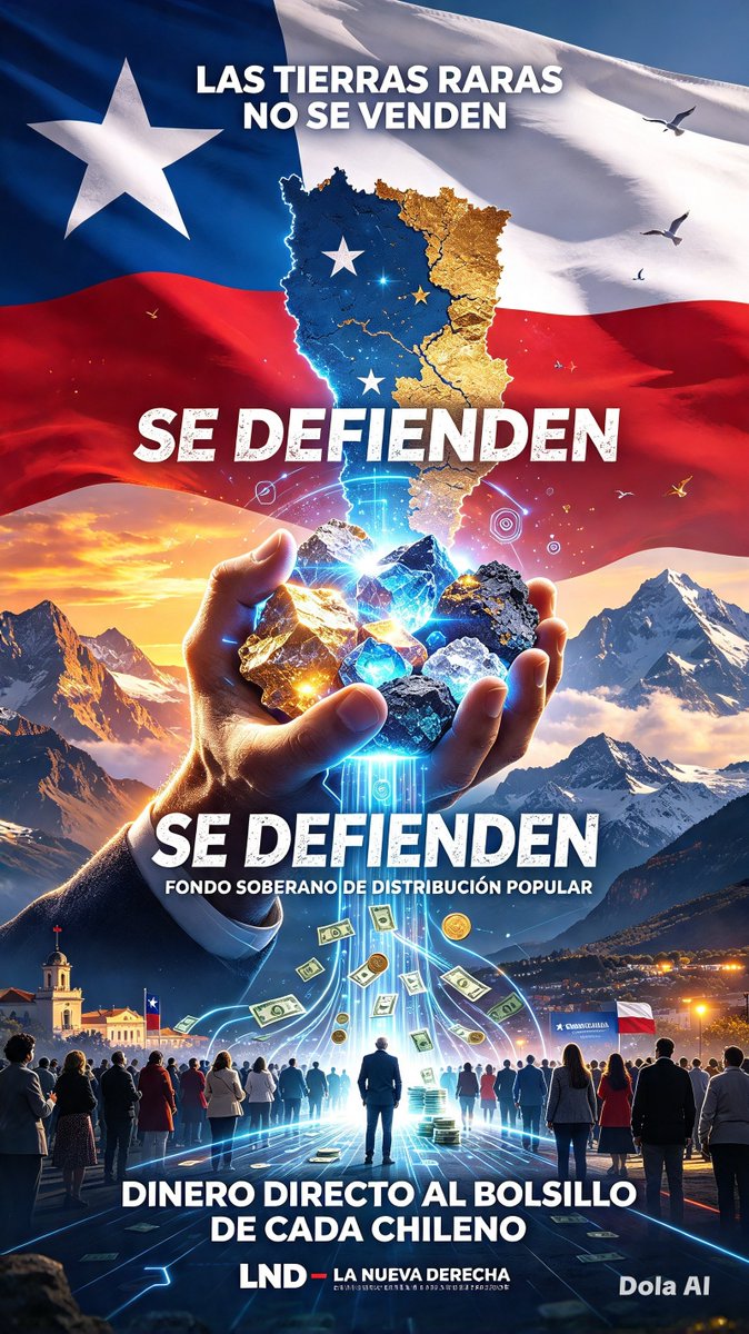 CCESARRETAMAL's tweet photo. 🚨 ¡CHILE, DESPIERTA! 🚨
 
¿SABÍAS QUE NUESTRAS TIERRAS RARAS ESTÁN EN JUEGO?
 
📜 Revisé toda la ley de minería y NO HAY NINGUNA PROTECCIÓN ESPECÍFICA.
Nadie ha garantizado que la riqueza más valiosa de Chile sea NUESTRA.
Y mientras tanto… se firman acuerdos antes de asumir, se entregan recursos, y TÚ NO VES NI UN PESO.
 
❌ BASTA DE QUE SE LLEVEN TODO
✅ LAS TIERRAS RARAS NO SE VENDEN — SE DEFIENDEN ✅

⚖️ PROPONGO LA LEY CIUDADANA — LND
 
Impulsada por: CÉSAR ANDRÉS RETAMAL MONSALVES (C.A.R.M.)
LND — La Nueva Derecha
 
🛡️ LO QUE DICE:
 
🔹 Tierras raras y minerales críticos = PATRIMONIO DEL PUEBLO DE CHILE
🔹 Ningún tratado los puede entregar sin aprobación ciudadana
🔹 Concesiones vigentes se revisan — si no cumplen, CADUCAN
 
💰 LO QUE TE TOCA A TI — DINERO DIRECTO AL BOLSILLO
 
Se crea el FONDO SOBERANO DE DISTRIBUCIÓN POPULAR:
✅ PAGO MENSUAL → DÍA 15
El 70% de las ganancias va DIRECTO a cada ciudadano, sin intermediarios
 
✅ BONO ANUAL → 28 DE FEBRERO
El 30% restante se reparte como Bono de Soberanía a todos los chilenos
 
✅ 100% DE TRANSPARENCIA
Cifras públicas, en tiempo real, para que todos vean cuánto entra y cuánto se reparte
 
🔥 NO MÁS DISCURSO — AHORA ES HECHO
 
La riqueza de Chile se queda en Chile y se reparte a su gente.
¿Estás con nosotros? 👇
 
✍️ FIRMA Y DIFUNDE
Las tierras raras no se venden. Se defienden.

#LeyTierrasRaras #LasTierrasRarasNoSeVenden #LND #CARM #SoberaníaChilena #DineroAlPueblo #ChileDespierta #PatrimonioNacional