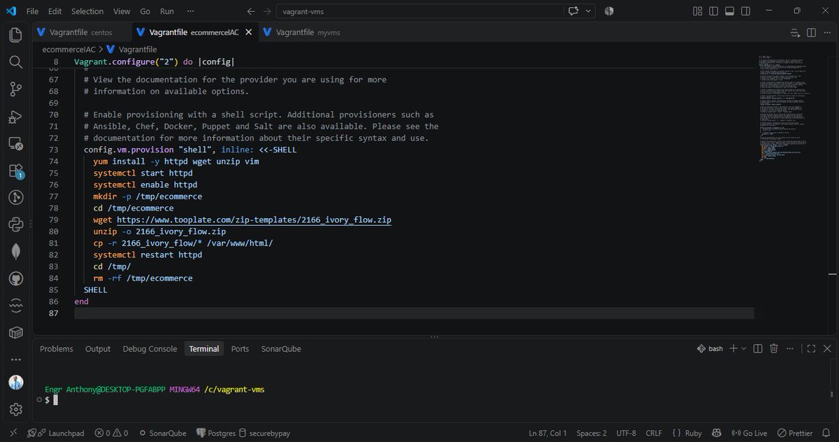 AnthonyNebenmor's tweet photo. Progress in my DevOps journey: automated a full website setup with one Vagrant provisioning script.

Install httpd, download and extract a site template, deploy to Apache's web root, restart the service. Fresh VM boots up already serving a live website.

#BuildInPublic #DevOps https://t.co/79fvpEAp5Q