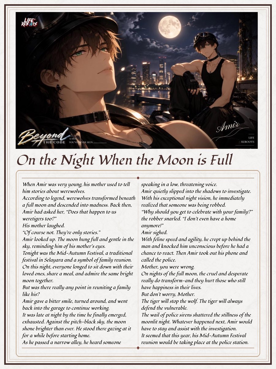 mingyun2026's tweet photo. Beyond the Code: “On the Night When the Moon is Full” — featuring Amir
Set in the world of Life Reboots, today let's reveal a side of Amir you may have never seen before. Come a little closer and meet the person behind the code.
#fanfic #lifereboot #game https://t.co/68K48hC36G