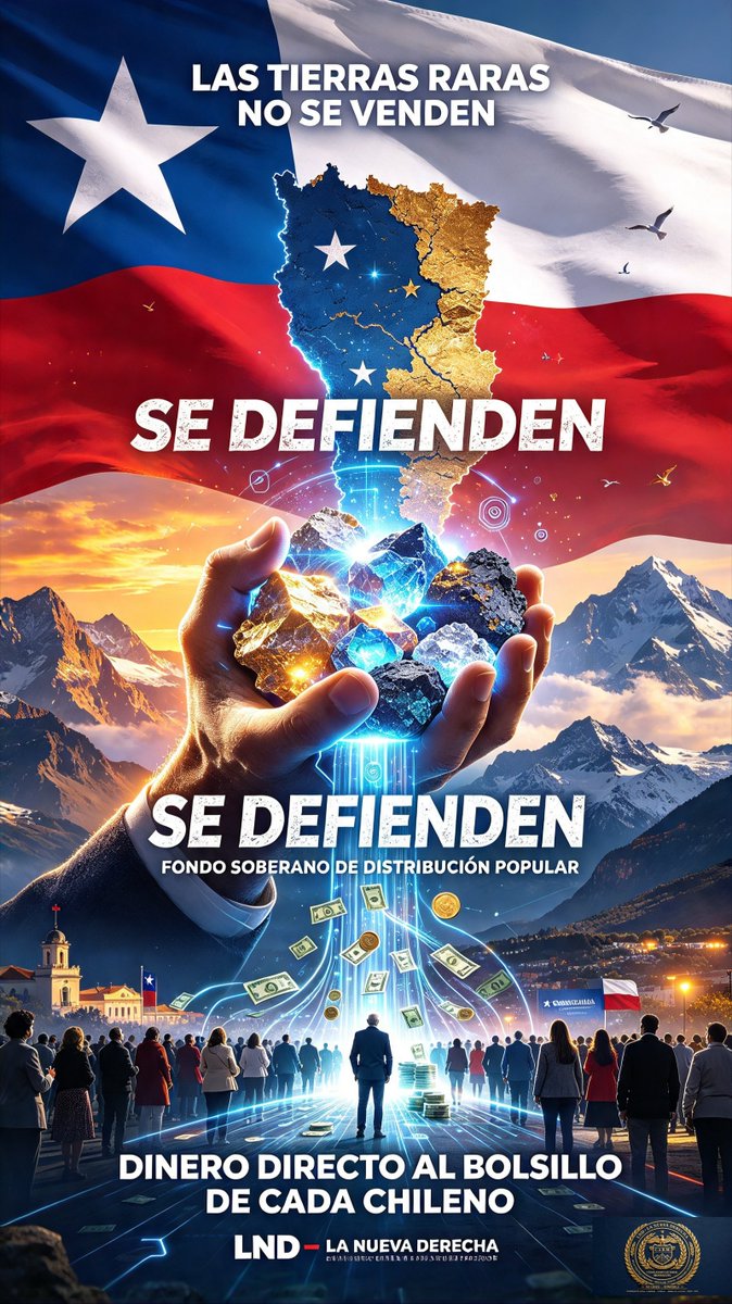 CCESARRETAMAL's tweet photo. 🚨 ¡CHILE, DESPIERTA! 🚨
 
¿SABÍAS QUE NUESTRAS TIERRAS RARAS ESTÁN EN JUEGO?
 
📜 Revisé toda la ley de minería y NO HAY NINGUNA PROTECCIÓN ESPECÍFICA.
Nadie ha garantizado que la riqueza más valiosa de Chile sea NUESTRA.
Y mientras tanto… se firman acuerdos antes de asumir, se entregan recursos, y TÚ NO VES NI UN PESO.
 
❌ BASTA DE QUE SE LLEVEN TODO
✅ LAS TIERRAS RARAS NO SE VENDEN — SE DEFIENDEN ✅

⚖️ PROPONGO LA LEY CIUDADANA — LND
 
Impulsada por: CÉSAR ANDRÉS RETAMAL MONSALVES (C.A.R.M.)
LND — La Nueva Derecha
 
🛡️ LO QUE DICE:
 
🔹 Tierras raras y minerales críticos = PATRIMONIO DEL PUEBLO DE CHILE
🔹 Ningún tratado los puede entregar sin aprobación ciudadana
🔹 Concesiones vigentes se revisan — si no cumplen, CADUCAN
 
💰 LO QUE TE TOCA A TI — DINERO DIRECTO AL BOLSILLO
 
Se crea el FONDO SOBERANO DE DISTRIBUCIÓN POPULAR:
✅ PAGO MENSUAL → DÍA 15
El 70% de las ganancias va DIRECTO a cada ciudadano, sin intermediarios
 
✅ BONO ANUAL → 28 DE FEBRERO
El 30% restante se reparte como Bono de Soberanía a todos los chilenos
 
✅ 100% DE TRANSPARENCIA
Cifras públicas, en tiempo real, para que todos vean cuánto entra y cuánto se reparte
 
🔥 NO MÁS DISCURSO — AHORA ES HECHO
 
La riqueza de Chile se queda en Chile y se reparte a su gente.
¿Estás con nosotros? 👇
 
✍️ FIRMA Y DIFUNDE
Las tierras raras no se venden. Se defienden.

#LeyTierrasRaras #LasTierrasRarasNoSeVenden #LND #CARM #SoberaníaChilena #DineroAlPueblo #ChileDespierta #PatrimonioNacional