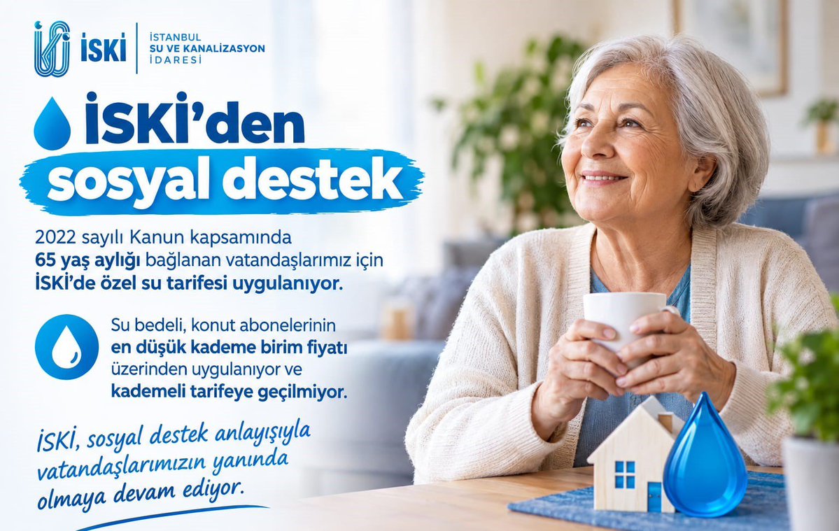 SafakBasa's tweet photo. 2022 sayılı Kanun kapsamında 65 yaş aylığı bağlanan vatandaşlarımız için İSKİ’de özel su tarifesi uyguluyoruz. #iski #istanbul #sosyal #destek https://t.co/YZGBUNvMGH