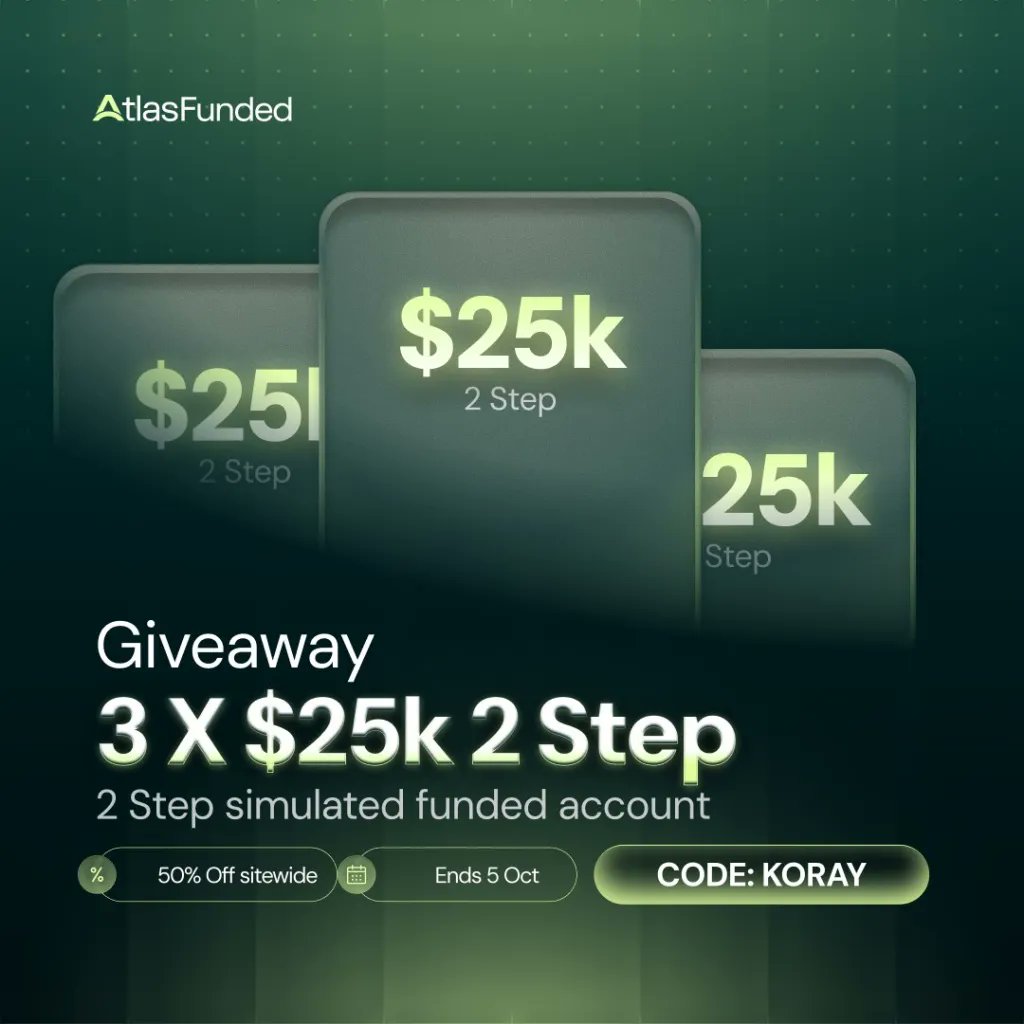 Traderkoray's tweet photo. 🎁 #GIVEAWAY 🎁
 3 x $25K 2-Step accounts

Yapmanız gerekenler:
→ Follow:  @LAntonioAF , @atlasfunded , @pipscabal , @KorayTrades 
→ Like + RT

Kazananlar 7 gün içinde açıklanacak.

📌 "KORAY" kodunda %50 indirim mevcut bu hafta bu kodla hesap alımı yapan bir kişiye 50k Instant hesap hediye edicem.