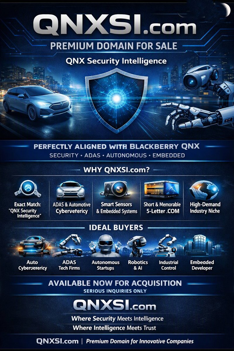 PatternRouaj's tweet photo. Selling https://t.co/65F8Trf00e a rare domain built for automotive security, ADAS cameras, autonomous driving, robotics, and embedded systems. Short. Powerful. Industry‑ready. Premium buyers only.

#DomainForSale #PremiumDomain #Cybersecurity #ADAS #AutonomousDriving #Robotics #TechDomains #QNX