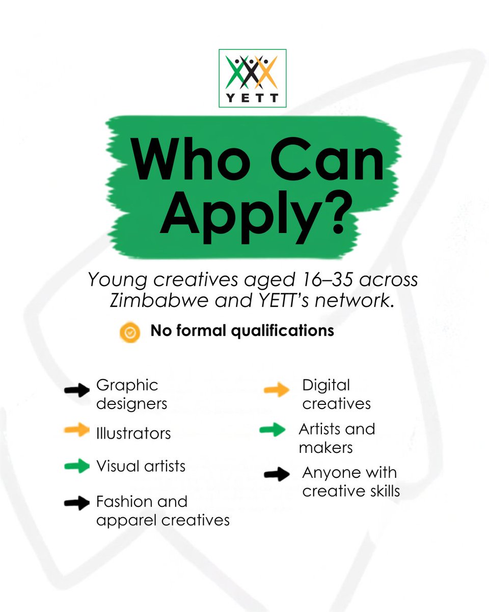 YetTrust's tweet photo. 🎨YETT Creative Call!

Are you a young creative (16–35) in Zimbabwe? Help shape YETT’s new merchandise &amp; visual identity. No formal qualifications needed.

💰$200 paid commission
📅6 Oct | 17:00 CAT
🔗https://t.co/LKL5sD0INq https://t.co/f05mgVJvLp
