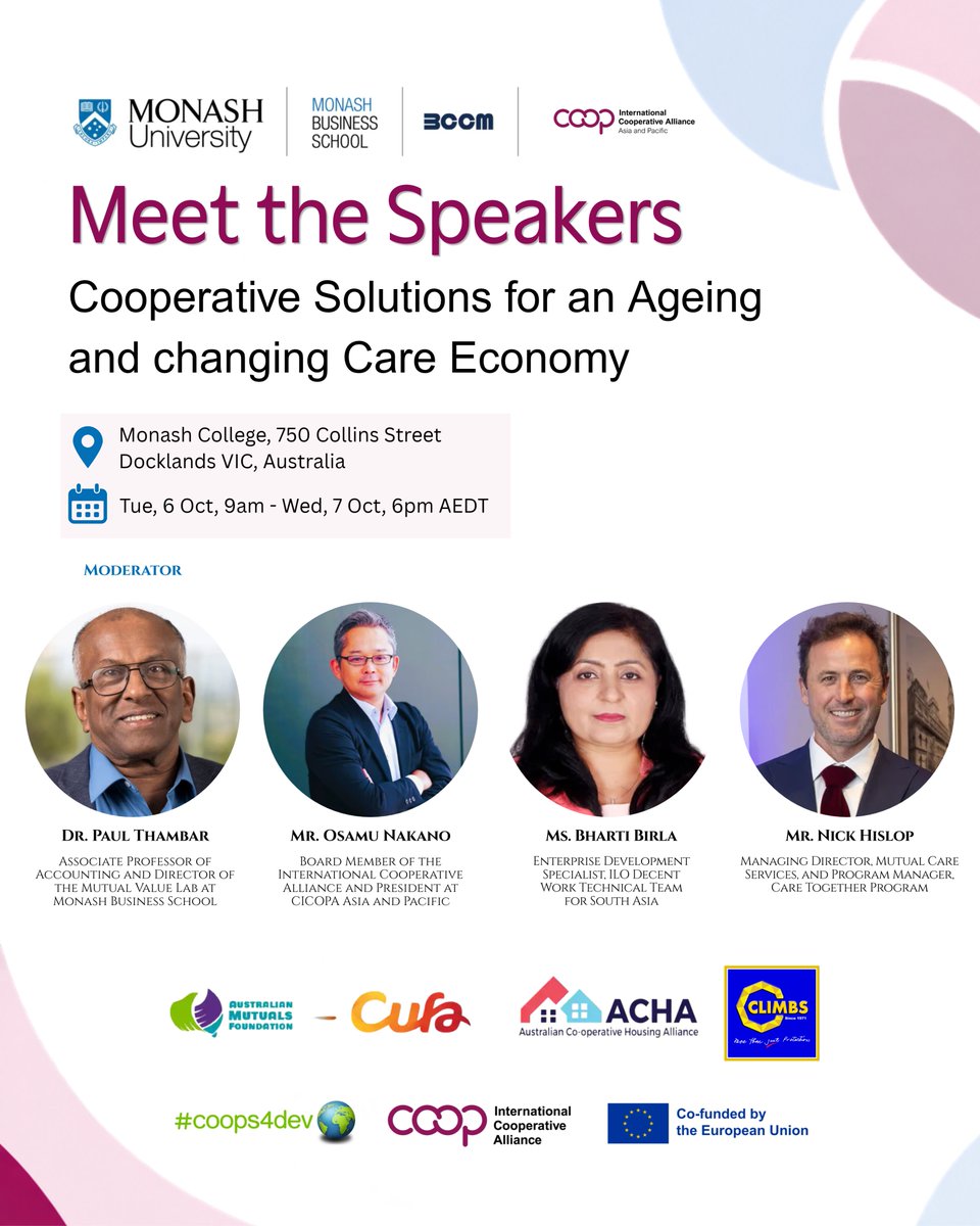 ICAAPAC's tweet photo. 📢 Cooperatives and Care | #Coops4Care at the 20th ICA-AP Research Conference, 7 Oct at Monash University, Melbourne.

🎙️ Mr. Osamu Nakanu, Ms. Bharti Birla &amp; Mr. Nick Hislop

🕘 9:10 am to 10:10 am AEDT

#ICAAPResearchConference #Cooperatives #CareEconomy https://t.co/PJZn8coyhx