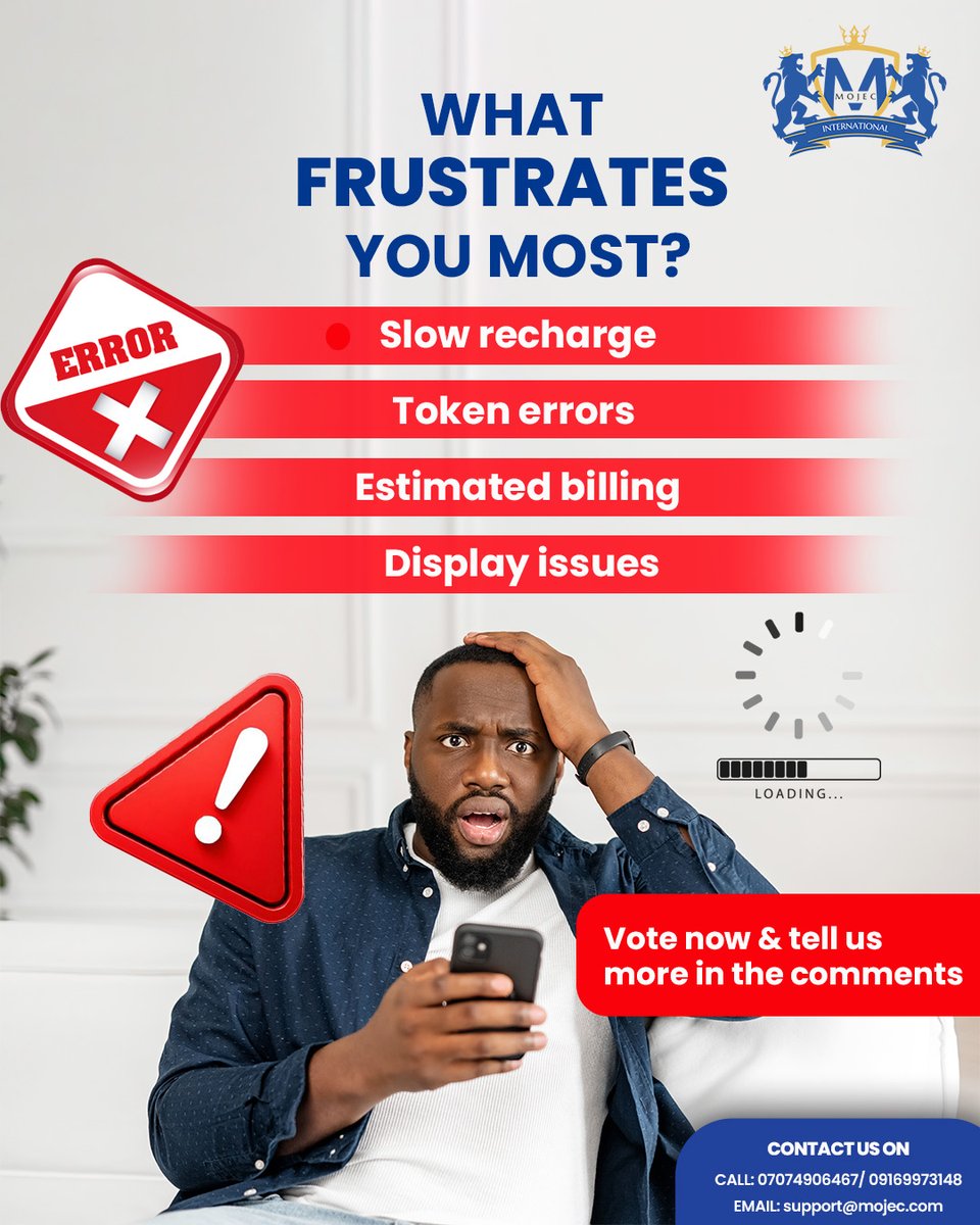 MojecIntlLtd's tweet photo. We want to hear from you. What's the #1 headache you have faced with your prepaid meter? Your answers help us know where to improve and where to educate.
Tell us more in the comments
#Mojec #YourVoiceMatters #MeterTalk #CustomerFirst https://t.co/xZXhq4kY5j