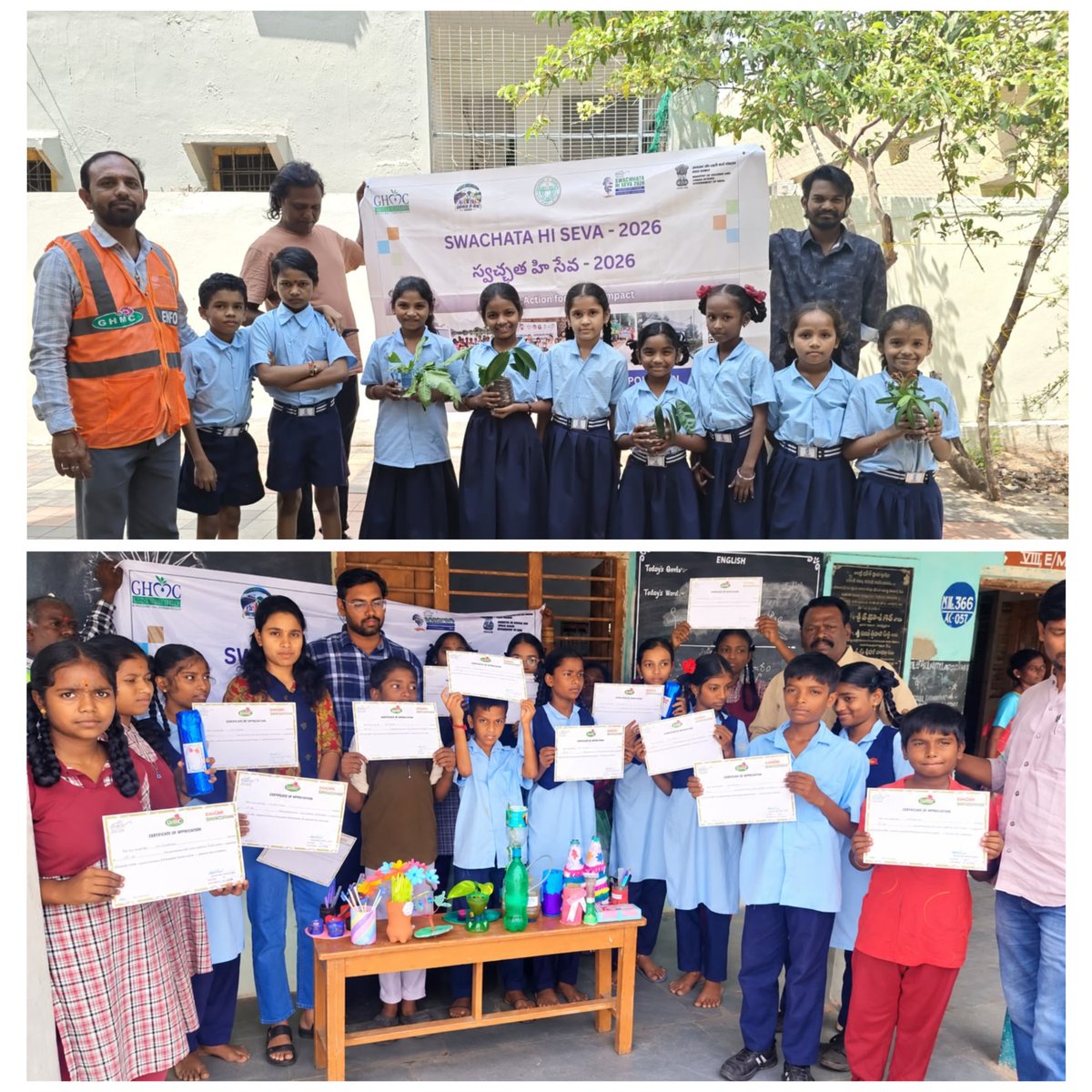 GHMCOnline's tweet photo. 🌱 Swachhata Hi Seva 2026 | Swachh Paathshala 🌱

As part of #SwachhataHiSeva2026, GHMC conducted engaging awareness activities across various schools, encouraging children to become young champions of cleanliness and environmental responsibility. 🌍♻️

Students enthusiastically participated in awareness sessions on 4-way waste segregation, creative Waste-to-Art competitions, and took the Swachhata Pledge to adopt clean and responsible waste management practices.

🌳 Under “Ek Ped Maa Ke Naam”, students also participated in plantation activities, strengthening the message that caring for our environment begins with each one of us.

Through learning, creativity and collective action, GHMC continues to inspire young minds to build a cleaner, greener and more sustainable Hyderabad. 💚

#SwachhataHiSeva2026 #SwachhPaathshala
#SwachhHyderabad #WasteSegregation
#EkPedMaaKeNaam

@TelanganaCMO @IPRTelangana @jayesh_ranjan
@TelanganaCS @ZC_Charminar @CommissionrGHMC
@ZC_Khairatabad @ZC_Secunderabad @ZcGolconda
@ZC_Charminar @ZC_RAJNGR @ZC_Shamshabad