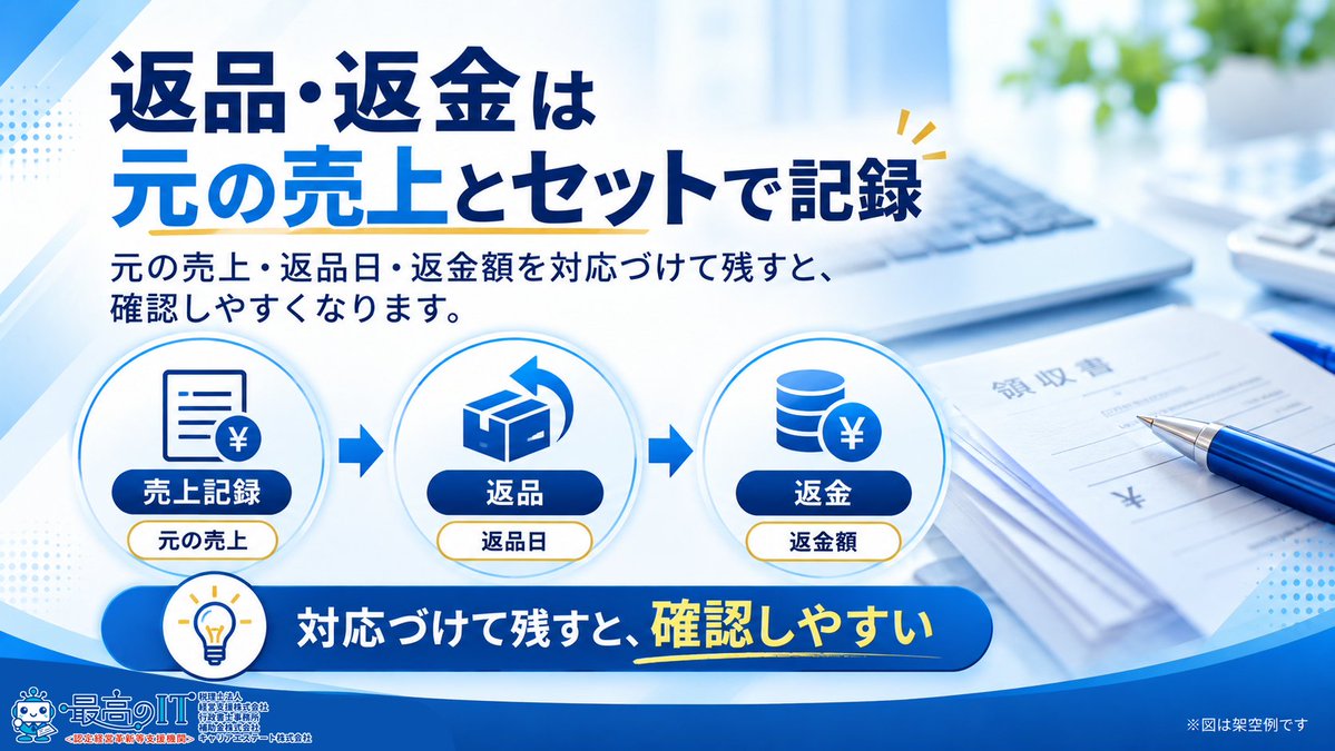 saikounoit's tweet photo. 商品が返品されたとき、返金だけ確認して売上の記録をそのままにしていませんか。
元の売上、返品日、返金額を対応づけて残すと、帳簿や消費税の確認がしやすくなります。
返品の数字も、経理で見落としたくない項目です。 #経理