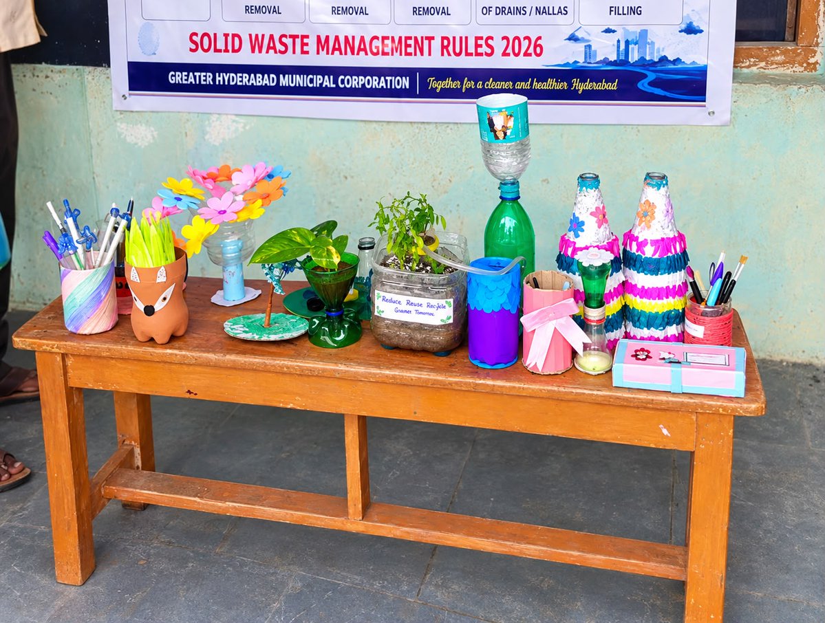GHMCOnline's tweet photo. 🌱 Swachhata Hi Seva 2026 | Swachh Paathshala 🌱

As part of #SwachhataHiSeva2026, GHMC conducted engaging awareness activities across various schools, encouraging children to become young champions of cleanliness and environmental responsibility. 🌍♻️

Students enthusiastically participated in awareness sessions on 4-way waste segregation, creative Waste-to-Art competitions, and took the Swachhata Pledge to adopt clean and responsible waste management practices.

🌳 Under “Ek Ped Maa Ke Naam”, students also participated in plantation activities, strengthening the message that caring for our environment begins with each one of us.

Through learning, creativity and collective action, GHMC continues to inspire young minds to build a cleaner, greener and more sustainable Hyderabad. 💚

#SwachhataHiSeva2026 #SwachhPaathshala
#SwachhHyderabad #WasteSegregation
#EkPedMaaKeNaam

@TelanganaCMO @IPRTelangana @jayesh_ranjan
@TelanganaCS @ZC_Charminar @CommissionrGHMC
@ZC_Khairatabad @ZC_Secunderabad @ZcGolconda
@ZC_Charminar @ZC_RAJNGR @ZC_Shamshabad