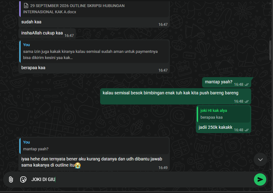 0xJokiGiu's tweet photo. KUMPULAN TESTI & PL JOKI DI GIU KLIK THREAD POSTINGAN INI YA!

DONE LAGI JOKI OUTLINE PROPOSAL SKRIPSI HUBUNGAN INTERNASIONAL DI GIU !

Giu jg lagi ada promo untuk bab sempro bab 1-3 skripsi soshum kualitatif ya, only 1jt an all in! wa aja langsung ke bio guys untuk tanya-tanya yaa guys #zonauang #bealanja