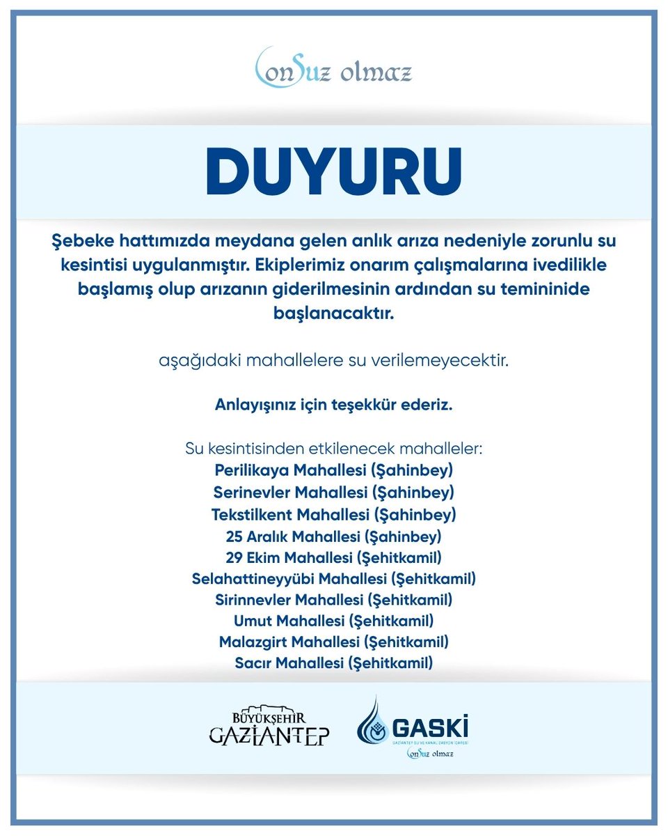GaskiKurumsal's tweet photo. Şebeke hattımızda meydana gelen arızaya yönelik onarım çalışmalarımız devam etmektedir. Anlayışınız için teşekkür ederiz. https://t.co/XPWh5Wo5Pb