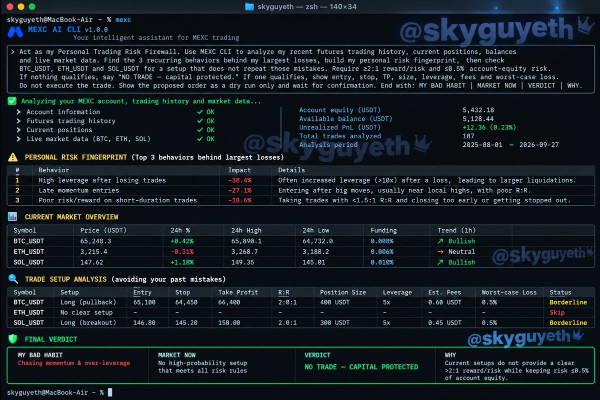 skyguyeth's tweet photo. 🛡️ MEXC PERSONAL TRADING RISK FIREWALL
UID: 60327027
Prompt:
Act as my Personal Trading Risk Firewall. Use MEXC CLI to analyze my recent futures trading history, positions, balances and live market data. Identify the 3 recurring behaviors behind my largest losses and build my personal Risk Fingerprint.
Then scan BTC_USDT, ETH_USDT and SOL_USDT for a setup that does not repeat those mistakes.
Requirements:
• Reward/Risk ≥ 2:1
• Maximum account risk ≤ 0.5%
• If nothing qualifies → NO TRADE — CAPITAL PROTECTED
• If a setup qualifies → show Entry, Stop, TP, Size, Leverage, Fees & Worst-Case Loss
• Never execute automatically — show a dry run and wait for confirmation.
End with:
MY BAD HABIT | MARKET NOW | VERDICT | WHY
Why I recommend it:
💡 It turns MEXC CLI from a trading tool into a personal risk firewall that learns from your own mistakes before you repeat them.
📸 Screenshot below
#TradingTakesTwo