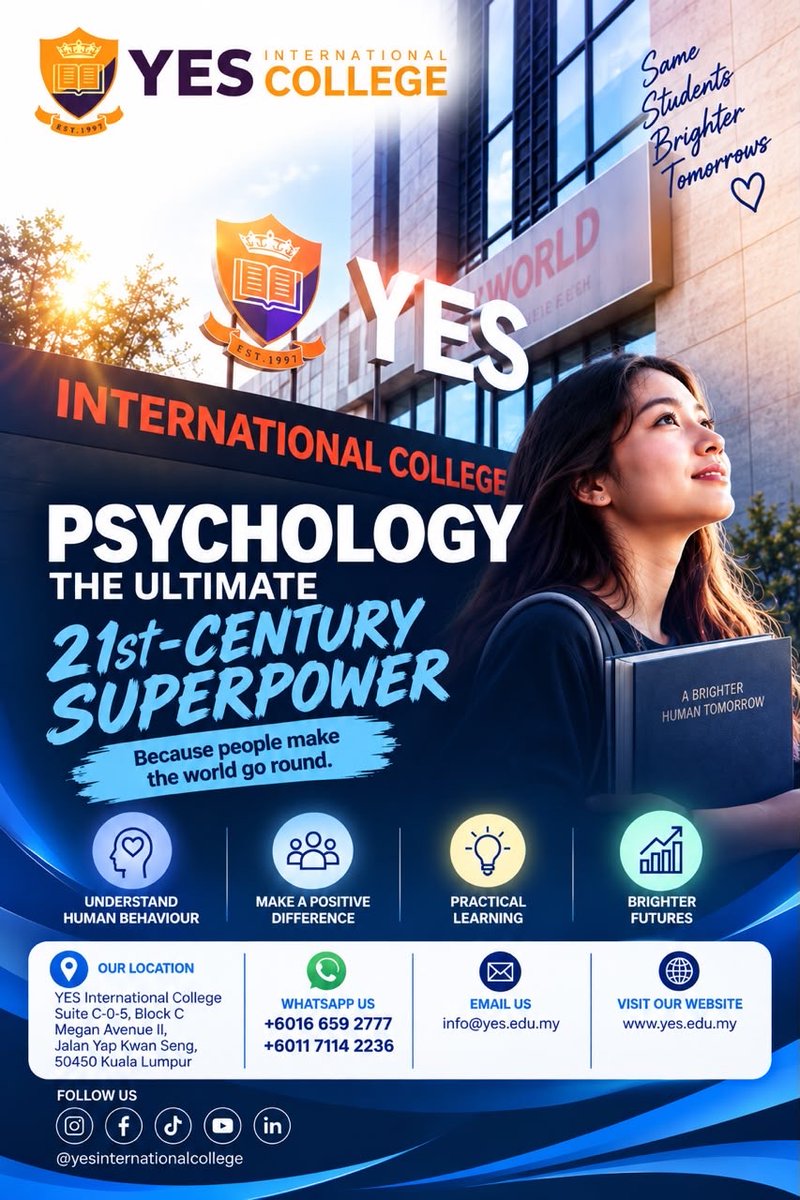 YESEDUMY's tweet photo. Study Psychology. Build a Deeper You. Create a Brighter Future.
Start your journey with the Diploma in Psychology!
September intake is now open!
π² WhatsApp: +6016 659 2777 | +6011 7114 2236
#Psychology #YESInternationalCollege #StudyPsychology https://t.co/4mUwE8jiQX
