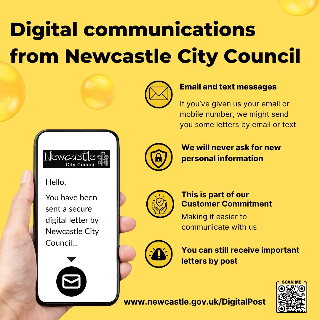 VCNewcastle's tweet photo. Did you know that Newcastle City Council now sends some letters securely by email or text message? 

Important letters can still be sent by post where needed. 

Find out more at https://t.co/dOIXiipT7h https://t.co/XrHrnCZFti