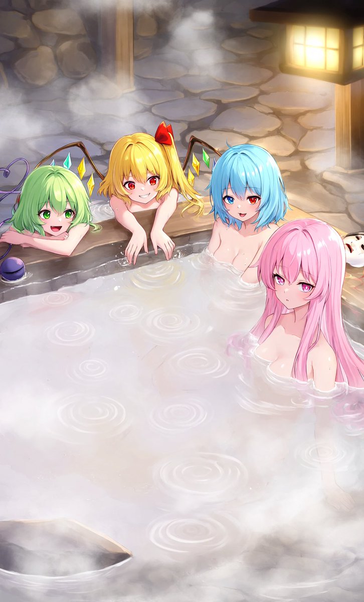 shirasu561's tweet photo. みんなでわいわい温泉合宿！♨️✨
PixAIでこいし、フラン、小傘、こころの4人を生成しました！
※透けてるオリジナル版（R-18）はリプ欄の���ンクから見られます！
#東方Project #古明地こいし #フランドール #多々良小傘 #秦こころ #PixAI #AIイラスト #AIar https://t.co/x0ApOB0Iq1
