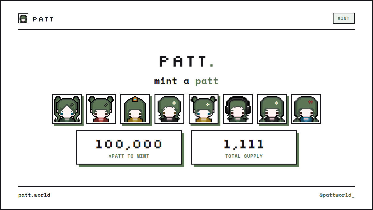 pattworld_'s tweet photo. Mint a patt waifu

100,000 $PATT to mint one · 1,111 total supply.

Coming soon! https://t.co/flKS2l3wL1