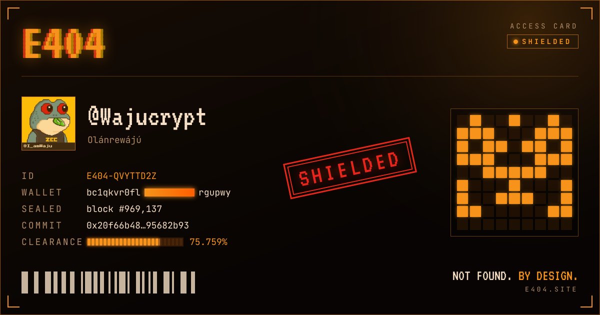 Wajucrypt's tweet photo. access sealed.

> state: SHIELDED
> id: E404-QVYTTD2Z

some things aren't meant to be found. @error404ord https://t.co/eIJSxXbdGv https://t.co/VNTPgMWVTm
