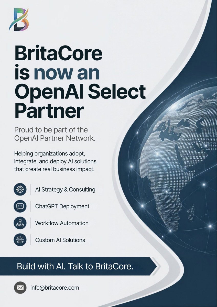 BritaCore's tweet photo. BritaCore is now an OpenAI Select Partner 

We’re helping organizations move from AI ideas to real implementation; from ChatGPT deployment and workflow automation to AI strategy and custom solutions.

Building with AI?

📩 info@britacore.com

#OpenAI #AI #BritaCore #Automation https://t.co/r7cHMqfcco