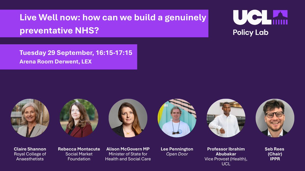 UCLPolicyLab's tweet photo. Then our next health discussion of the day on how we can build a truly preventative NHS. We've got key insights from experts including @RCoANews @beckymontacute @Alison_McGovern, Lee Pennington from Open Door, @ProfIAbubakar, Seb Rees @IPPR https://t.co/9UyYQeCmnJ