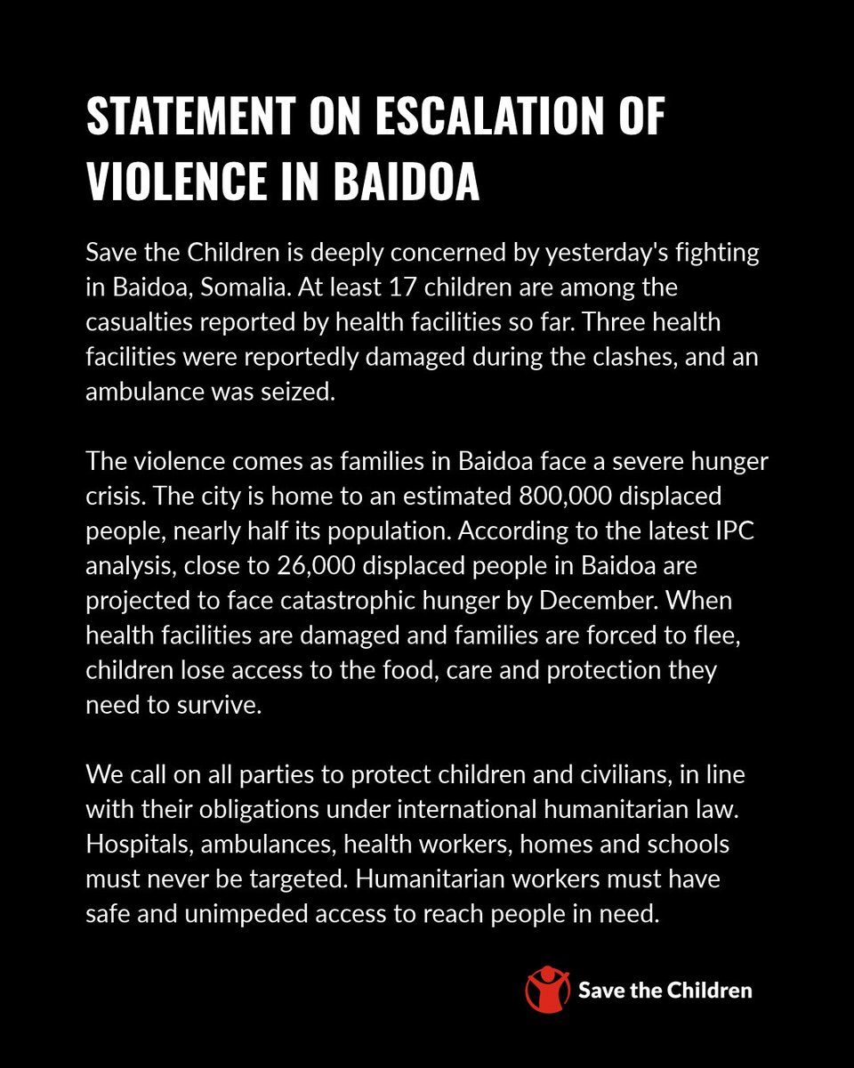 SaveChildrenSO's tweet photo. At least 17 children are among the casualties of the fighting in Baidoa.
Children and health workers must be protected.
We call on all parties to #ProtectChildren and civilians, keep health care safe and allow humanitarian access.
#NotATarget
Read our statement👇 https://t.co/o75GYLK5Vb