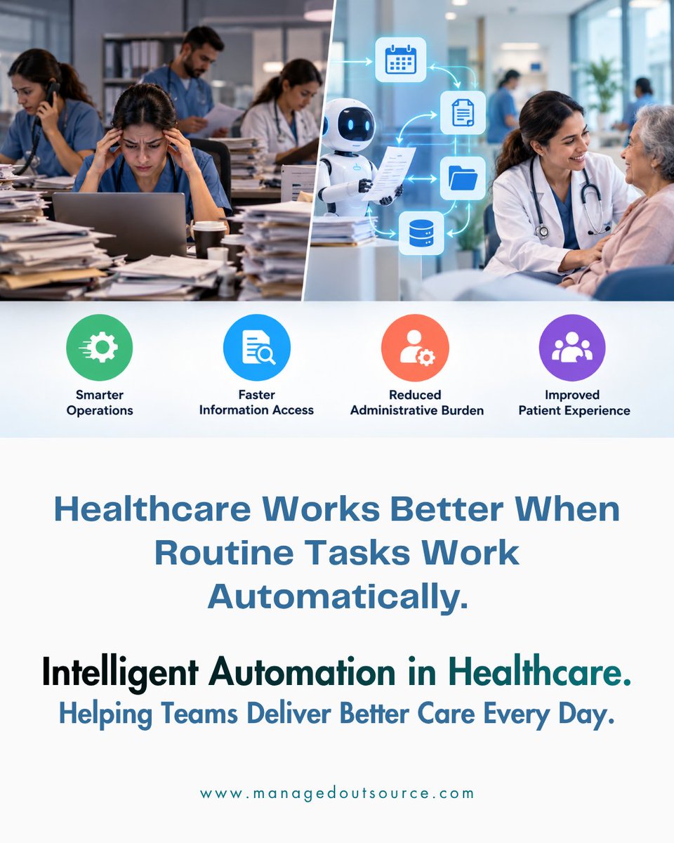 MOS_Operations's tweet photo. Smarter healthcare starts with smarter workflows.

Intelligent Automation reduces repetitive tasks and improves efficiency across healthcare operations.

#HealthTech #HealthcareAutomation #AI #DigitalHealth #Innovation https://t.co/J2kEp1jQiI