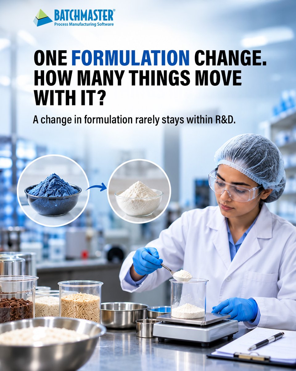 BatchMasterInd's tweet photo. A formulation change rarely stays within R&amp;D.
A single change can affect material requirements, inventory, procurement, production, yield, quality and batch cost.
Connected manufacturing data helps every affected process stay aligned.
Explore BatchMaster ERP.

#erp #erpsystems https://t.co/jI3kcX3A9n