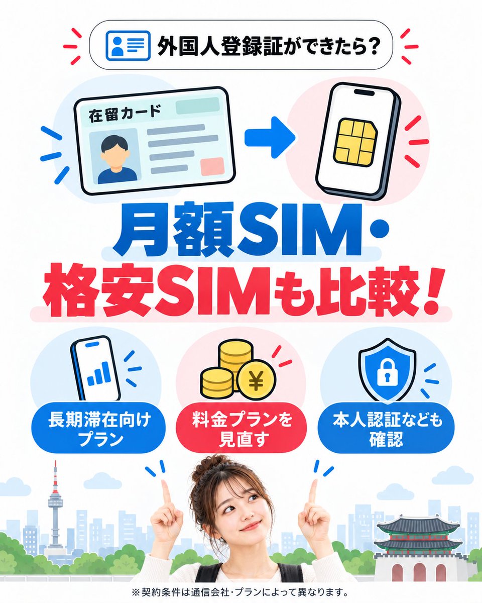t41714449's tweet photo. 🇰🇷韓国ワーホリのSIM、どっち？📱

外国人登録証がまだない

→ プリペイドSIMが便利！
パスポートで契約できるプランもあります。
🪪 外国人登録証ができた
→ 月額SIM・格安SIMも比較OK
韓国のSIM・スマホで困ったら日本語でどうぞ😊
📍江辺テクノマート6階 A-52

#韓国ワーホリ #韓国SIM #韓国生活 https://t.co/iOy376Dbvb